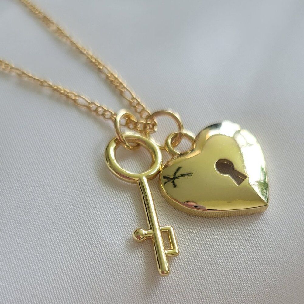 Gold Heart Lock And Key Charm Necklace